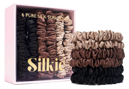 SILKIE x4 Set - Forget Satin - 100% Pure Mulberry Silk Black Brown Skinny Scrunchies Travel Pouch Everyday Hair Ties Elastics Hair Care Ponytail Holder No Damage (Chocolate)
