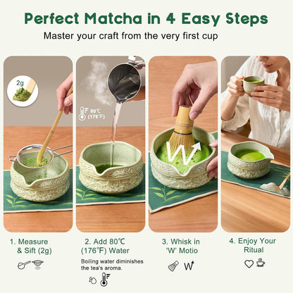 Matcha Whisk Set, Matcha Kit 9-Pcs, Bamboo Whisk and Ceramic Bowl with Spout & Measuring Spoon & Cup, Japanese Ceremony Matcha Tea Making Tools, Ideal Gift for Tea lover
