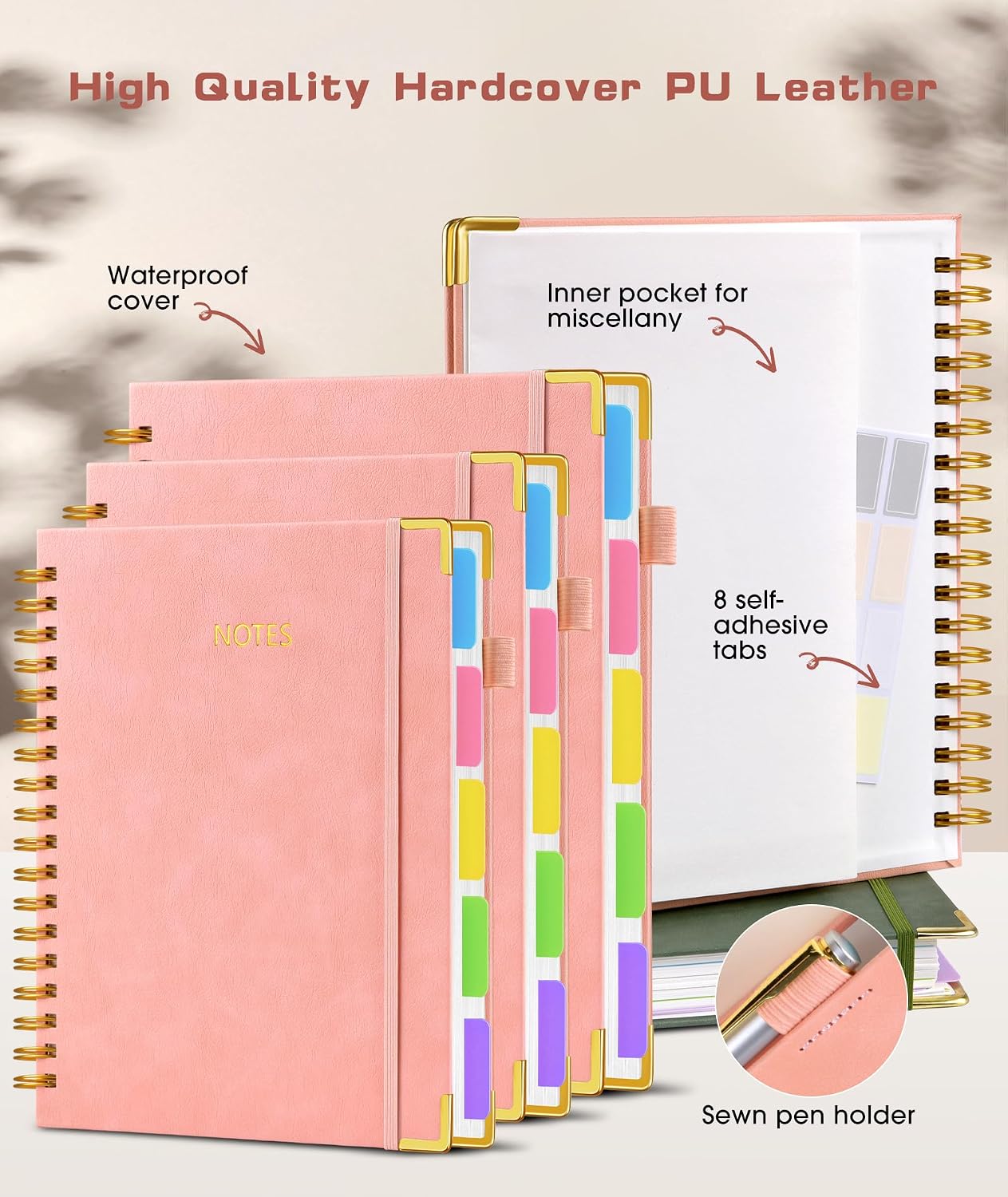 Hardcover Spiral Notebook journal with Removable Dividers Tabs, 300 Pages Leather 5 Subject Notebook College Ruled, 8"x10" Large B5 Notebooks for Work School Note taking, Lined Journal for Women,Black