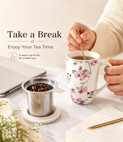 AmorArc 18oz Porcelain Tea Mug with Infuser & Lid, Loose Leaf Tea Cup with Stainless Steel Strainer, Large Coffee Mug Gift for Women, Tea Lovers, Home & Office