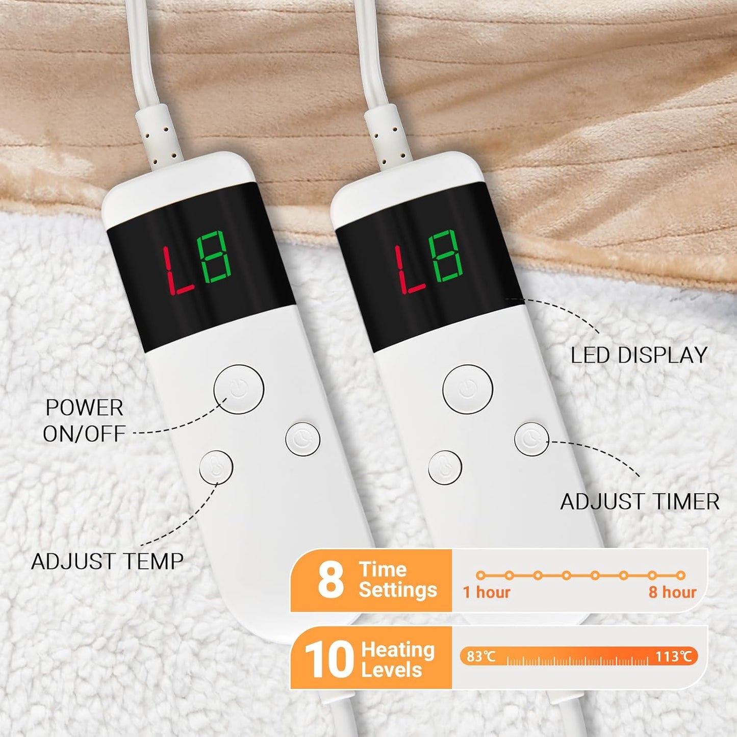 Electric Heated Blanket Throw Size 50''x60''-Control Heating Blanket, Soft & Warm Flannel 10-Level Temperature Control, 8 Hours Auto Off, Rapid Heating & Overheat Protection