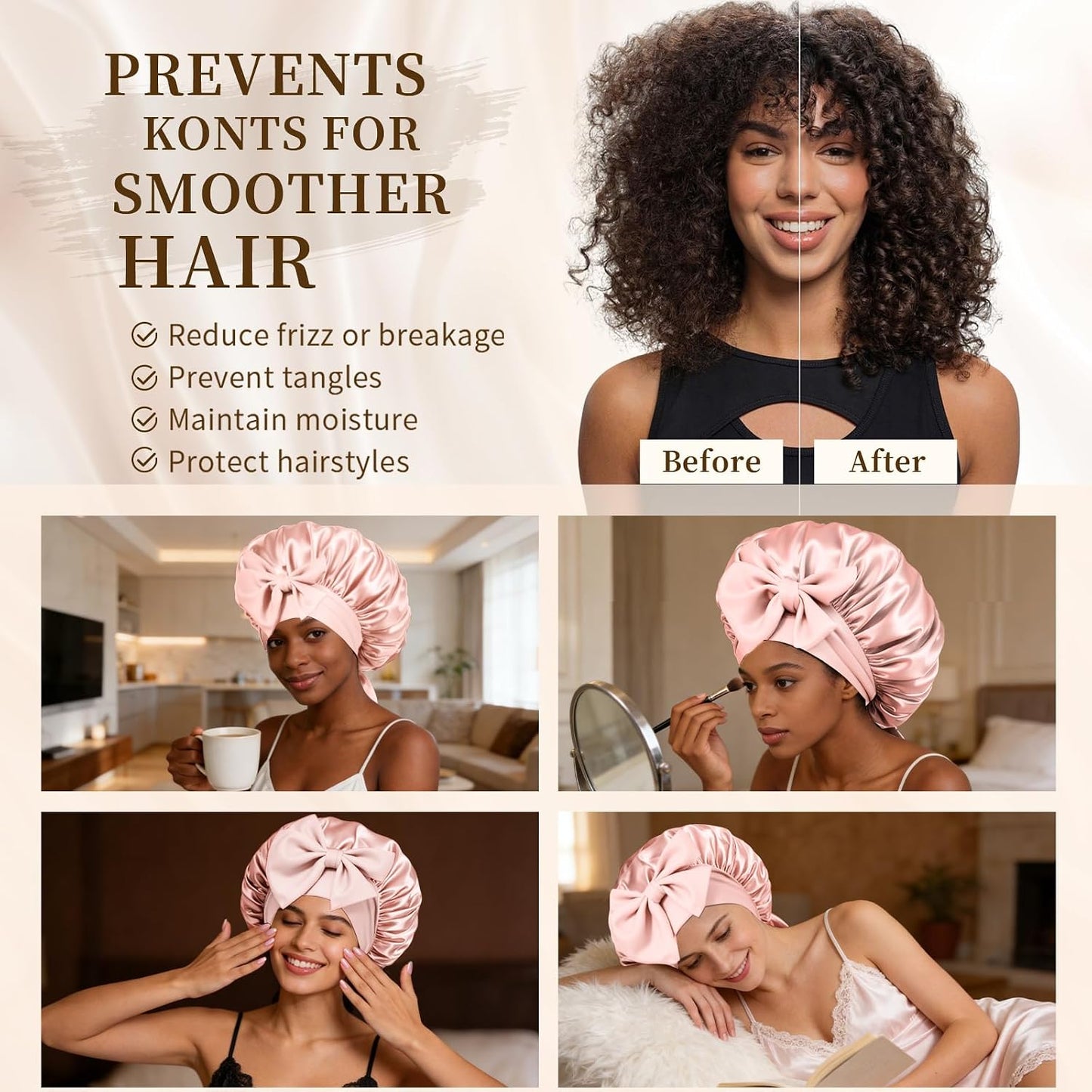 Silk Bonnet Satin Bonnet for Sleeping Large Bonnets with Tie Band Hair Wrap with Adjustable Straps Hair Cap for Women Curly Black