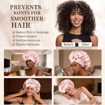 Silk Bonnet Satin Bonnet for Sleeping Large Bonnets with Tie Band Hair Wrap with Adjustable Straps Hair Cap for Women Curly Black
