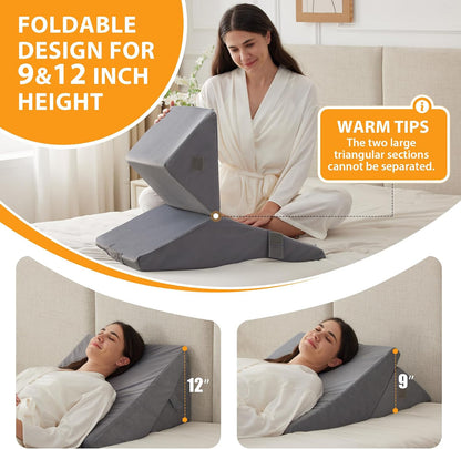 Ruqmuis 3PCS Wedge Pillow Set for After Surgery, Adjustable 9&12 Inch Bed Wedge Pillow for Sleeping, Incline Pillow Wedge for Headboard, Post Surgery, Acid Reflux, Neck&Back Support, White/Grey