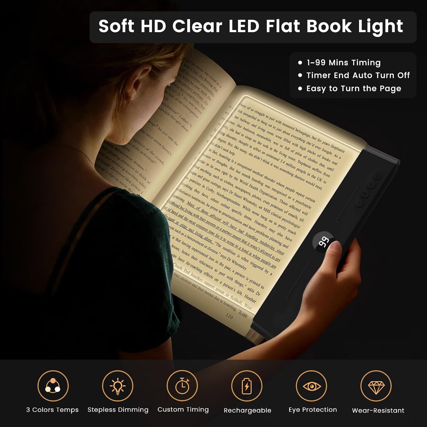 easuntec Book Light, Rechargeable Reading Light with Eye Protection - 3 Color Temps Timer Dimmable, Book Lights for Reading at Night, Flat Book Lights Gifts for Book Lovers Students Readers (Black)