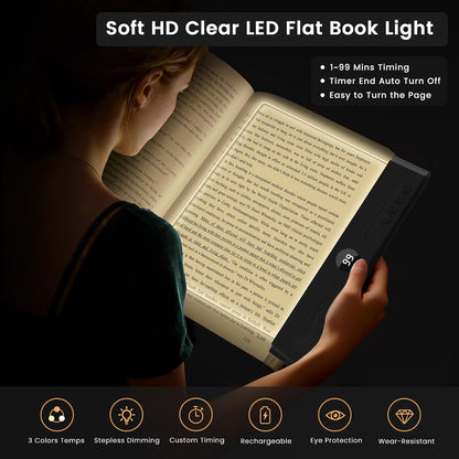 easuntec Book Light, Rechargeable Reading Light with Eye Protection - 3 Color Temps Timer Dimmable, Book Lights for Reading at Night, Flat Book Lights Gifts for Book Lovers Students Readers (Black)