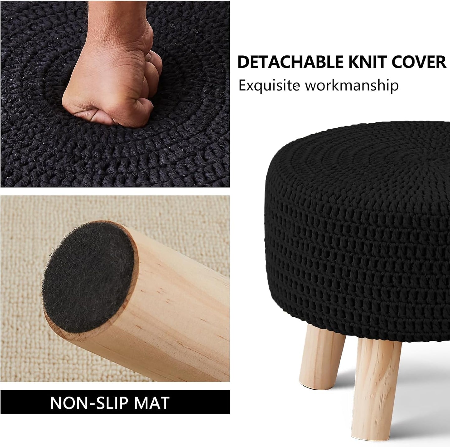 Wimarsbon Pouf Ottoman, 100% Cotton Knitted Boho Footstool, Round Footrest with Non-Skid Wood Legs, Home Décor Handmade Pouffe, Leisure Floor Step Stool for Living Room (Beige)