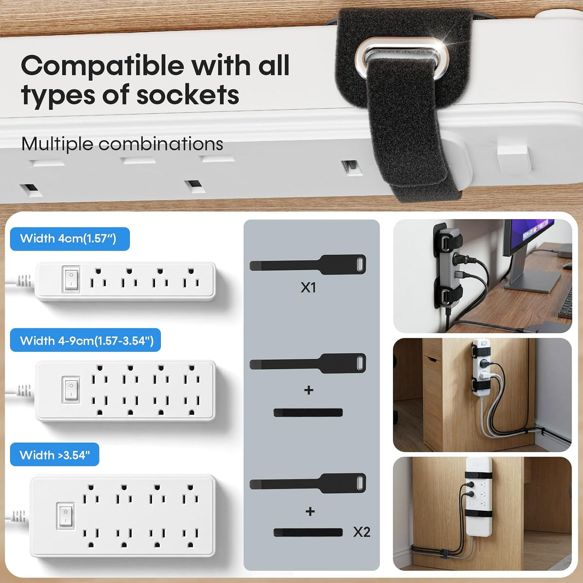 Cable Management Under Desk, Large Bundle Cord+Power Strip Organizer-8 Pair