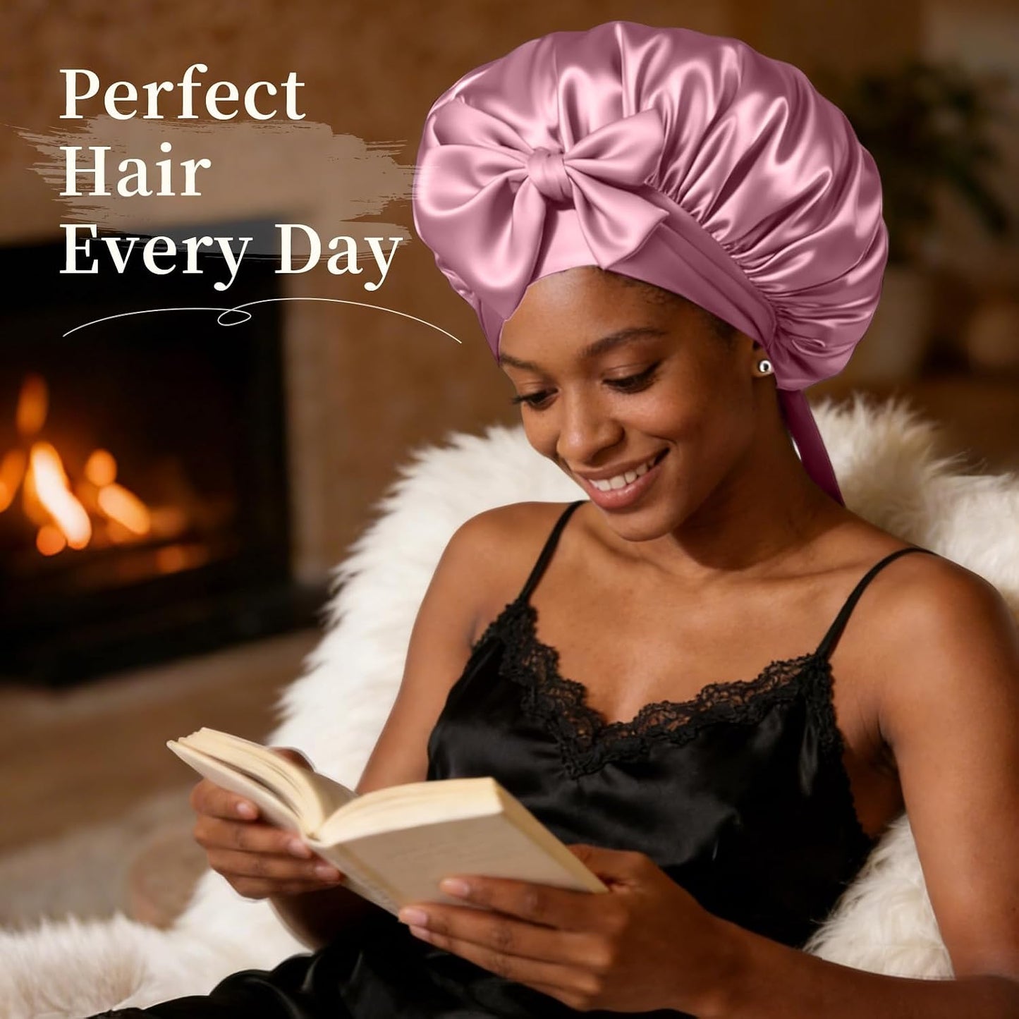 Silk Bonnet Satin Bonnet for Sleeping Large Bonnets with Tie Band Hair Wrap with Adjustable Straps Hair Cap for Women Curly Black