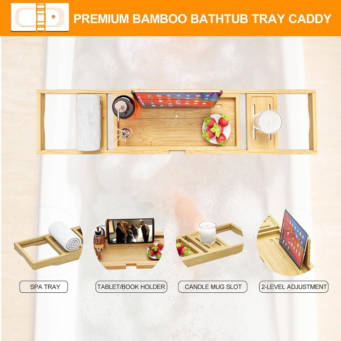 Banlilu Bathtub Tray - Bath Tray Expandable - Bath Tub Tray Table for Bathtub, Ajustable Size, Fits Most Tubs