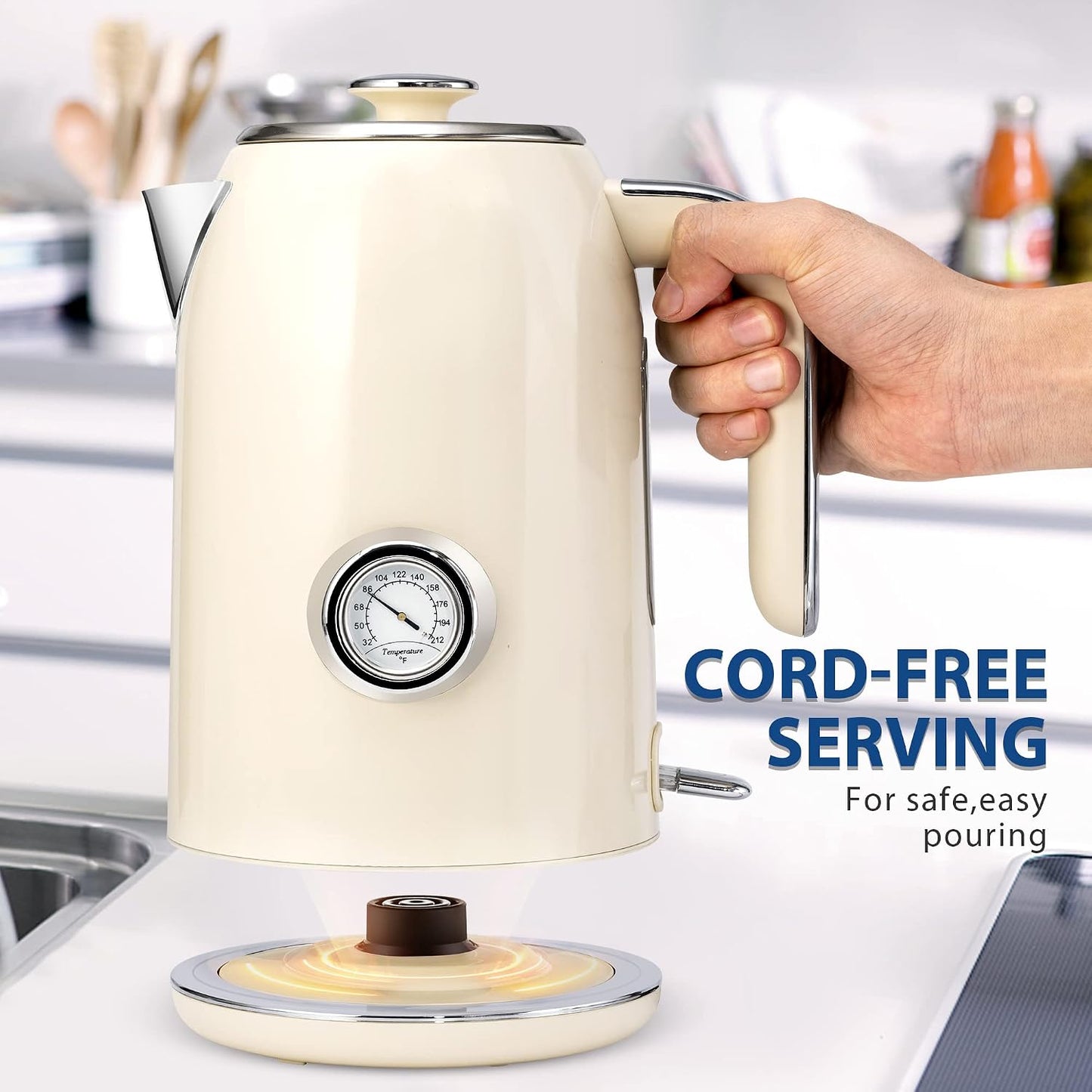 Pukomc Electric Kettle,1.7L Stainless Steel Electric tea kettle with Temperature Gauge, Fast Boiling, Auto Shut - off, BPA - Free, Boil - Dry Protection, (Retro Green)