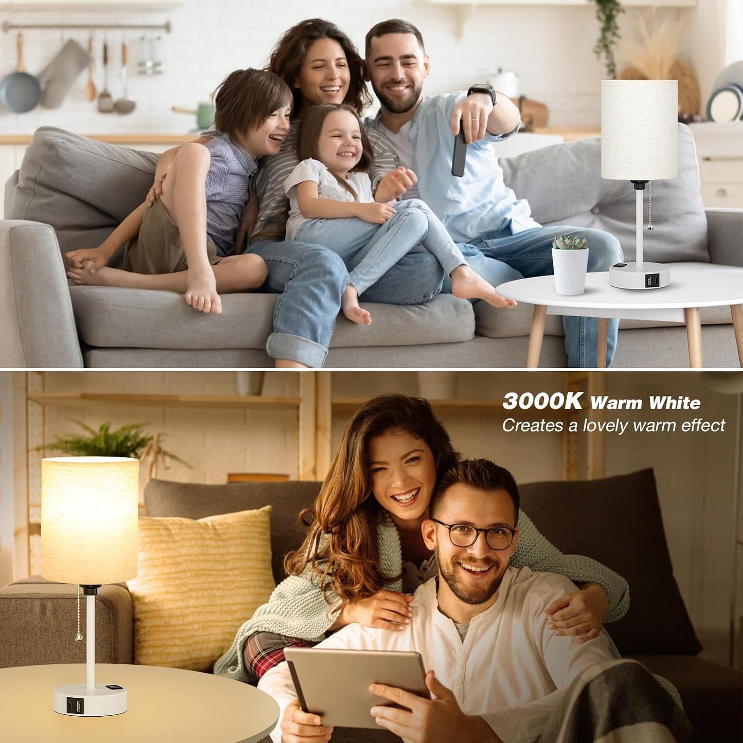 Small Bedside Table lamp for Bedroom - 3 Color Temperatures Bedside Lamps with USB C and A Ports, Pull Chain Table Lamps with AC Outlet, White Nightstand Lamps with Black Metal Base for Kids Reading