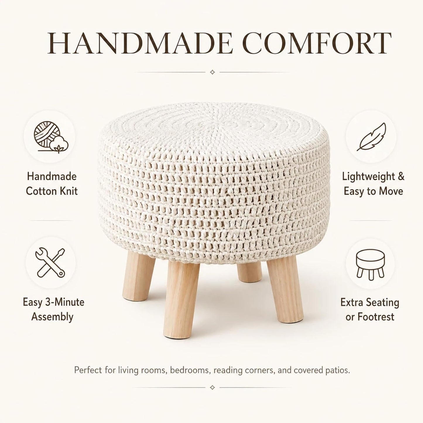 Wimarsbon Pouf Ottoman, 100% Cotton Knitted Boho Footstool, Round Footrest with Non-Skid Wood Legs, Home Décor Handmade Pouffe, Leisure Floor Step Stool for Living Room (Beige)