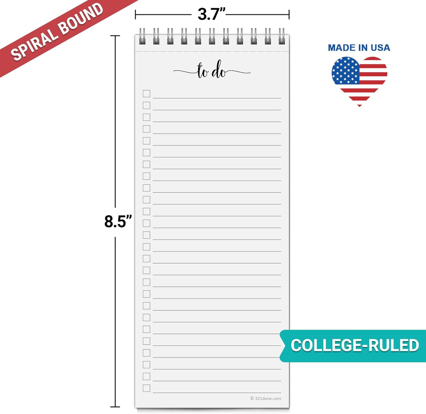 321Done To Do List Notepad, 2-Pack 50 Sheets Each, 3.7x8.5 College Ruled Pad, 70lb Matte Paper, Note Pad for Shopping List, Checklist To-Dos Tasks Planning for Home Office, Made in USA