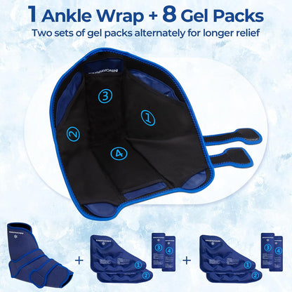 KingPavonini Ankle Foot Ice Pack Wrap for Sprained Ankle/Surgery Recovery, Reusable Gel Ice Packs for Feet Injuries, Plantar Fasciitis, Achilles Tendonitis, Hot/Cold Therapy, XL (1 Wrap+4 Gel Packs)