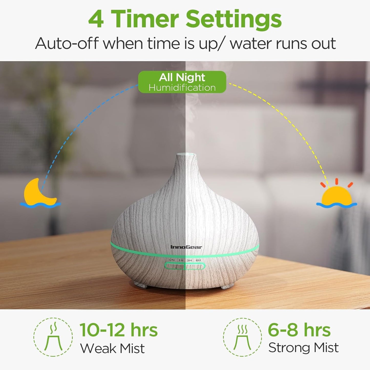 InnoGear Aromatherapy Diffuser & 10 Essential Oils Set, 400ml Diffuser Ultrasonic Diffusers for Home Cool Mist Humidifier with 4 Timers 7 Colors Light Waterless Auto Off, Dark Wood Grain