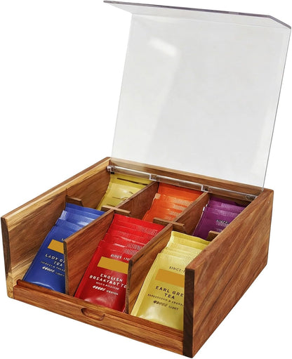 HTB Acacia Wood Tea Bag Organizer Storage Box with 6 Compartments