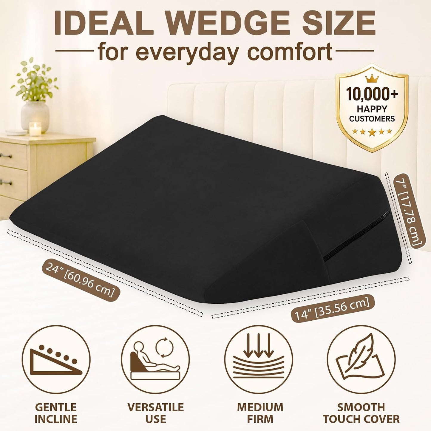 sokoro Bed Wedge Pillow for Sleeping, Small 7 Inch Compact Triangle Wedge Pillow for Acid Reflux, Sleep Apnea & Snoring Relief, Firm Incline for Back Support, Washable Cover (Grey, 24x14x7 in)