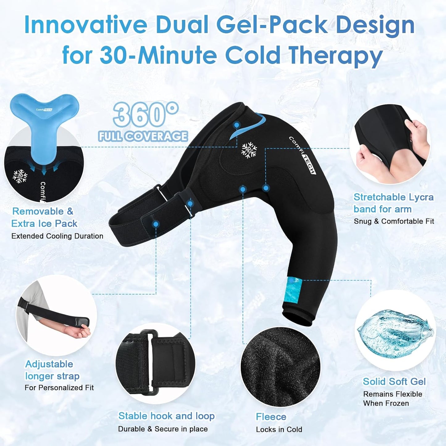 ComfiTECH Dual-Gel Shoulder Arm Ice Pack Wrap with Extended 30-Min Cooling, Detachable Cold Pack & Flexible Gel Ice Sleeve for Volleyball Pitchers, Post-Workout Recovery, Muscle Relaxation, Large
