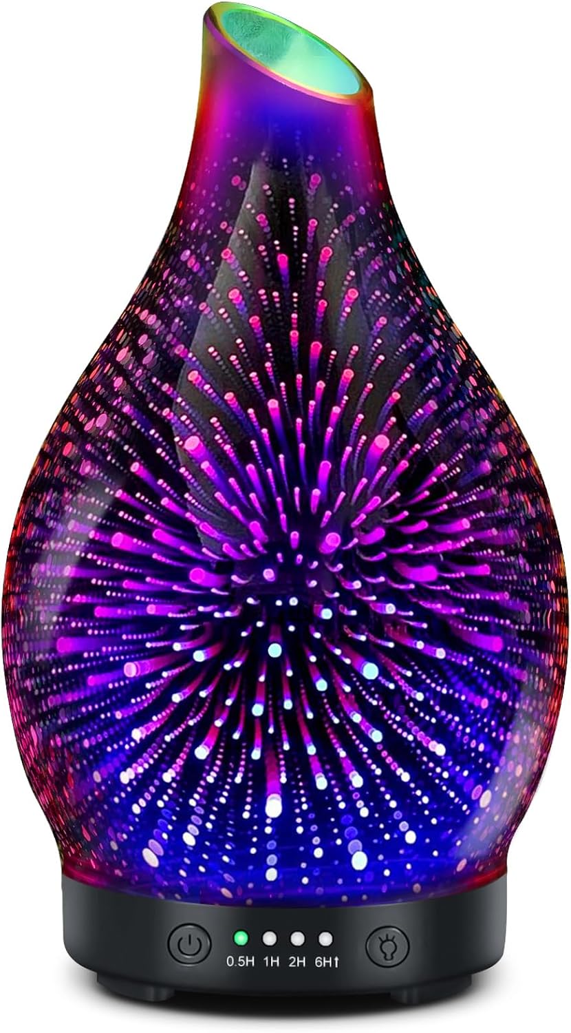 Essential Oil Diffuser 120ML Glass Aromatherapy Diffuser with 4 Timer Settings & 7 Color Changing Lights, Auto Shut-Off, Ultra Quiet Oil Diffuser for Home, Office, Yoga, Spa