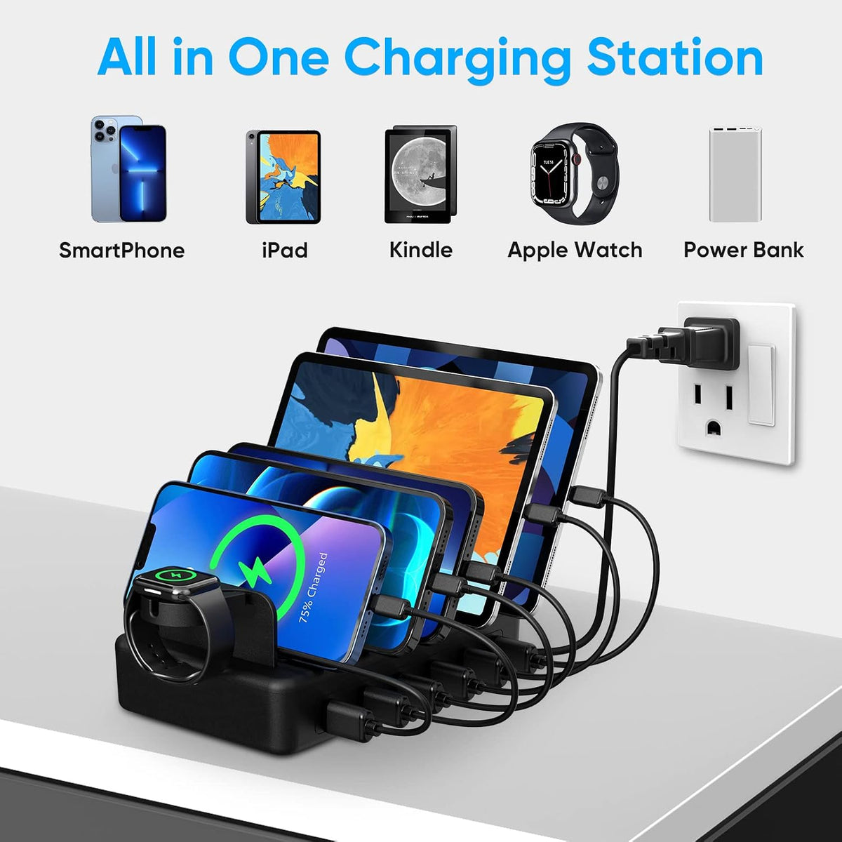 Charging Station for Multiple Devices, 50W 6 Ports Charging Dock with Stand