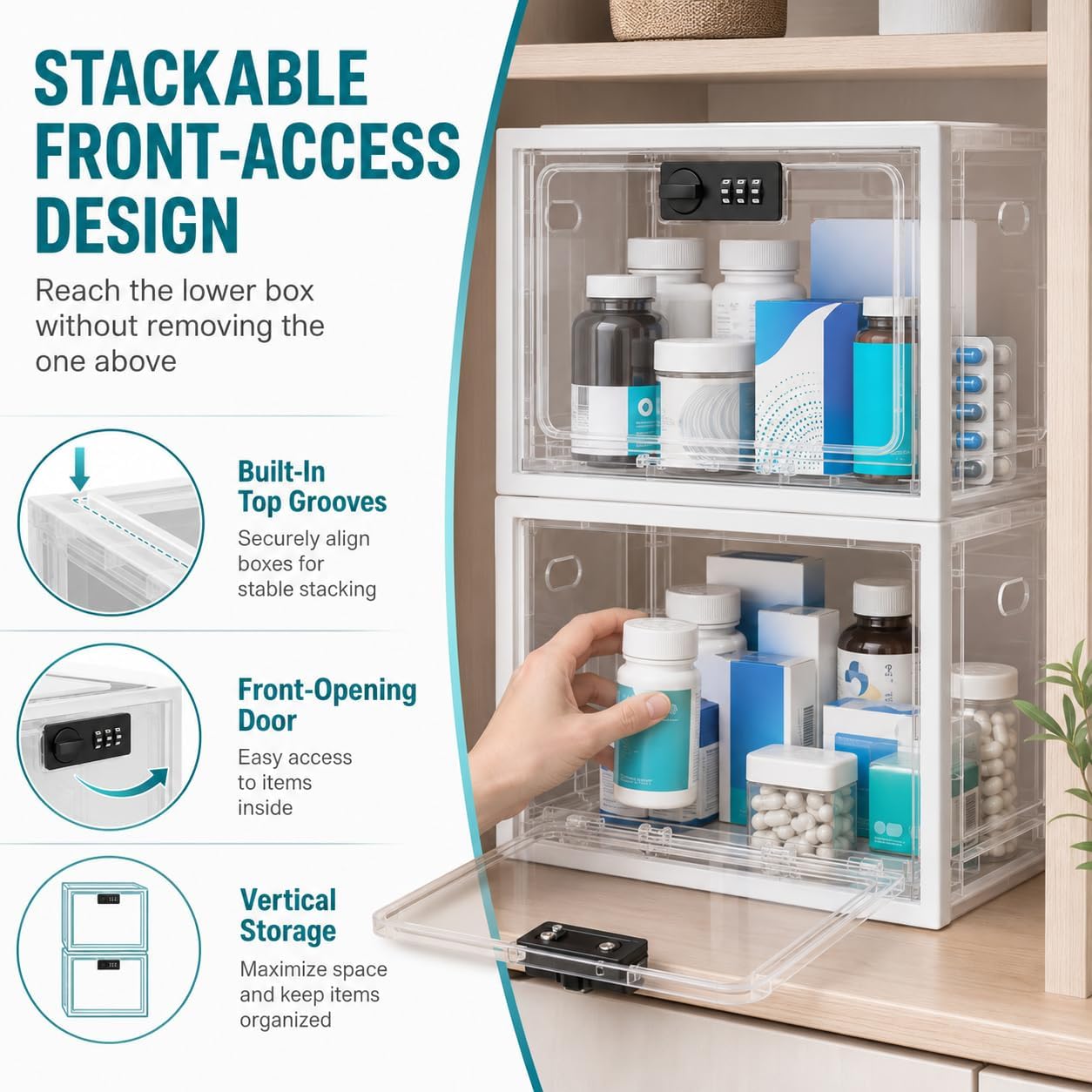 2 Pack Large Medication Lock Box with Code, Clear Lockable Storage Box for Refrigerator, Cabinet & Dorm, Stackable Medicine Box for Prescriptions, Snacks, Phone, 11.9" x 9.3" x 7.6", Black