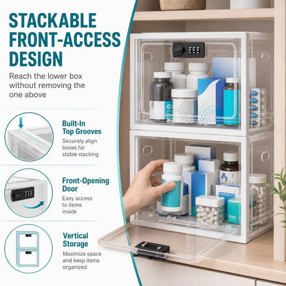 2 Pack Large Medication Lock Box with Code, Clear Lockable Storage Box for Refrigerator, Cabinet & Dorm, Stackable Medicine Box for Prescriptions, Snacks, Phone, 11.9" x 9.3" x 7.6", Black