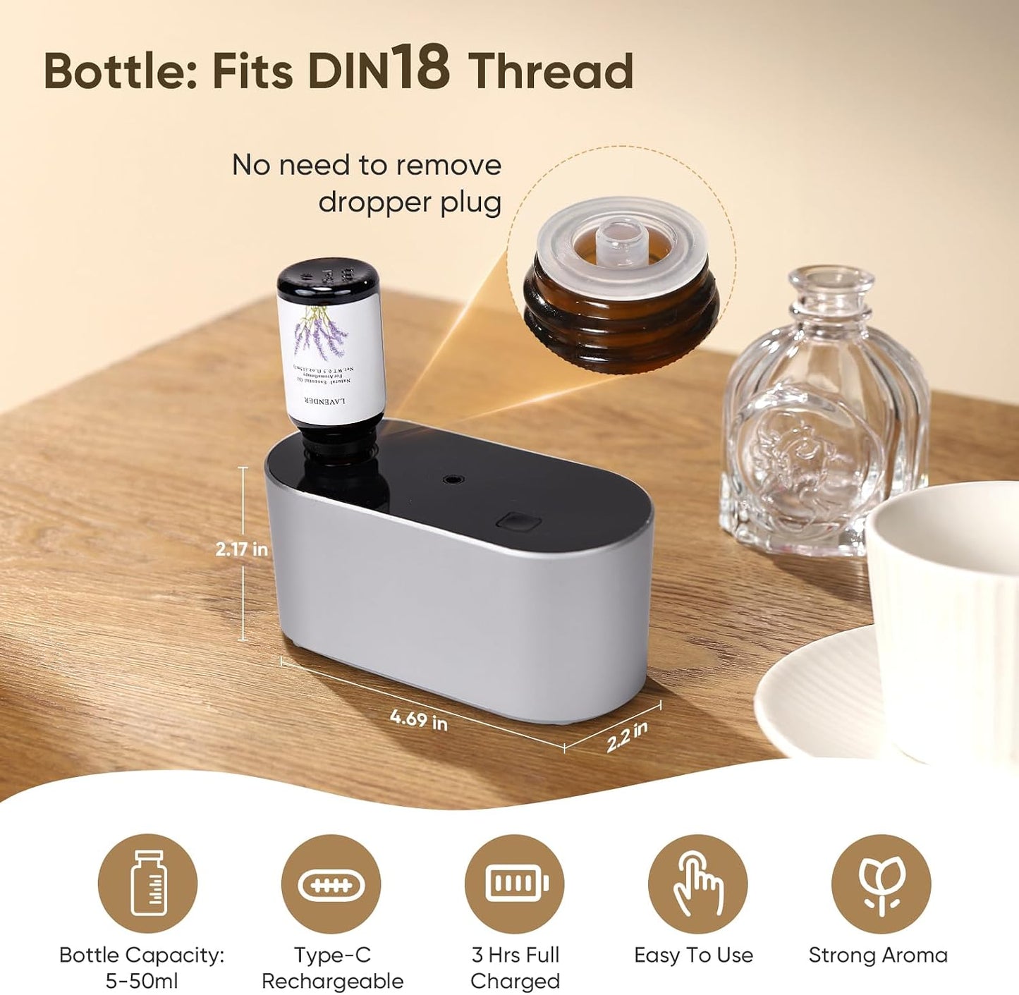 Waterless Diffuser for Home Essential Oil Diffuser, Aromatherapy Diffuser, Portable Scent Diffusers, 3 Mist Modes, Cycle Start for Bedroom, Office Studio 350-700 sq. ft Black