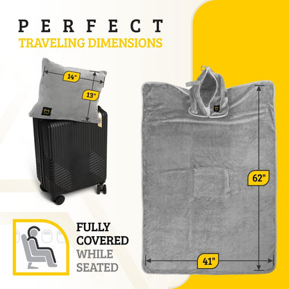 Travel Blanket Airplane Compact with Hoodie – 2in1 Airplane Travel Accessories from Plane Blanket to Travel Pillow with Luggage Strap, Soft Handle & Secure Pocket