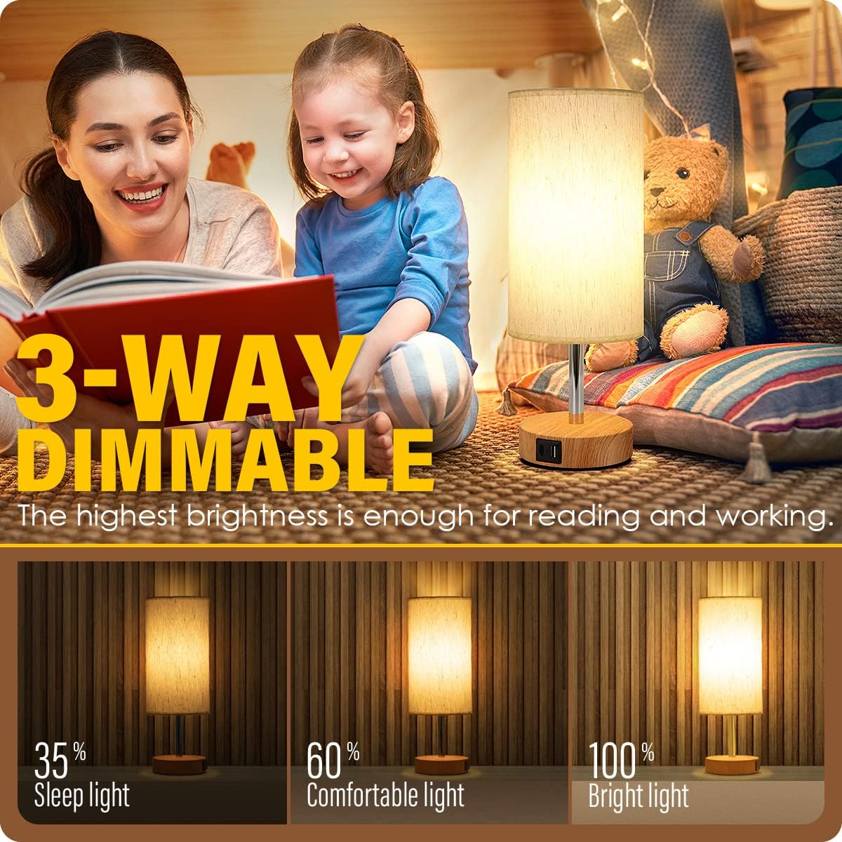 Yarra-Decor Bedside Lamps with USB Port - Touch Control Table Lamp for Bedroom Wood 3 Way Dimmable Nightstand Lamp Set of 2 with Round Flaxen Fabric Shade for Living Room, Dorm, Home Office (2 Pack)
