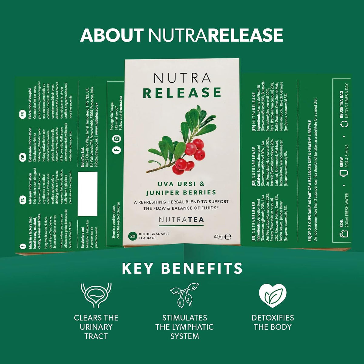 NUTRARELEASE - Kidney Tea | Bloated Stomach Tea – Includes Uva Ursi, Dandelion & Nettle - Assist With Water Retention & Digestion - 20 Enveloped Tea Bags - by Nutra Tea - Herbal Tea