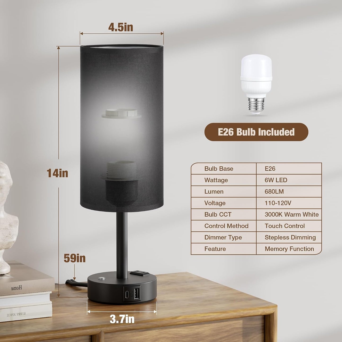 Touch Bedside Table Lamp with Memory - Stepless Dimmable Lamp for Bedroom, Small Nightstand Lamp with Dual USB Charging Ports and AC Outlet, Wood Night Light, Desk Lamp for Nursery, Living Room, Dorm