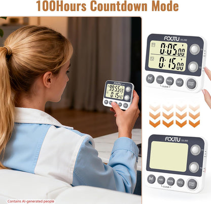 Digital Dual Kitchen Timer, 3-Channel Magnetic Countdown Stopwatch Timer for Cooking, Large Display, Loud Alarm, 100Hr Multi Food Classroom Timer for Seniors & Teachers (Battery Included)