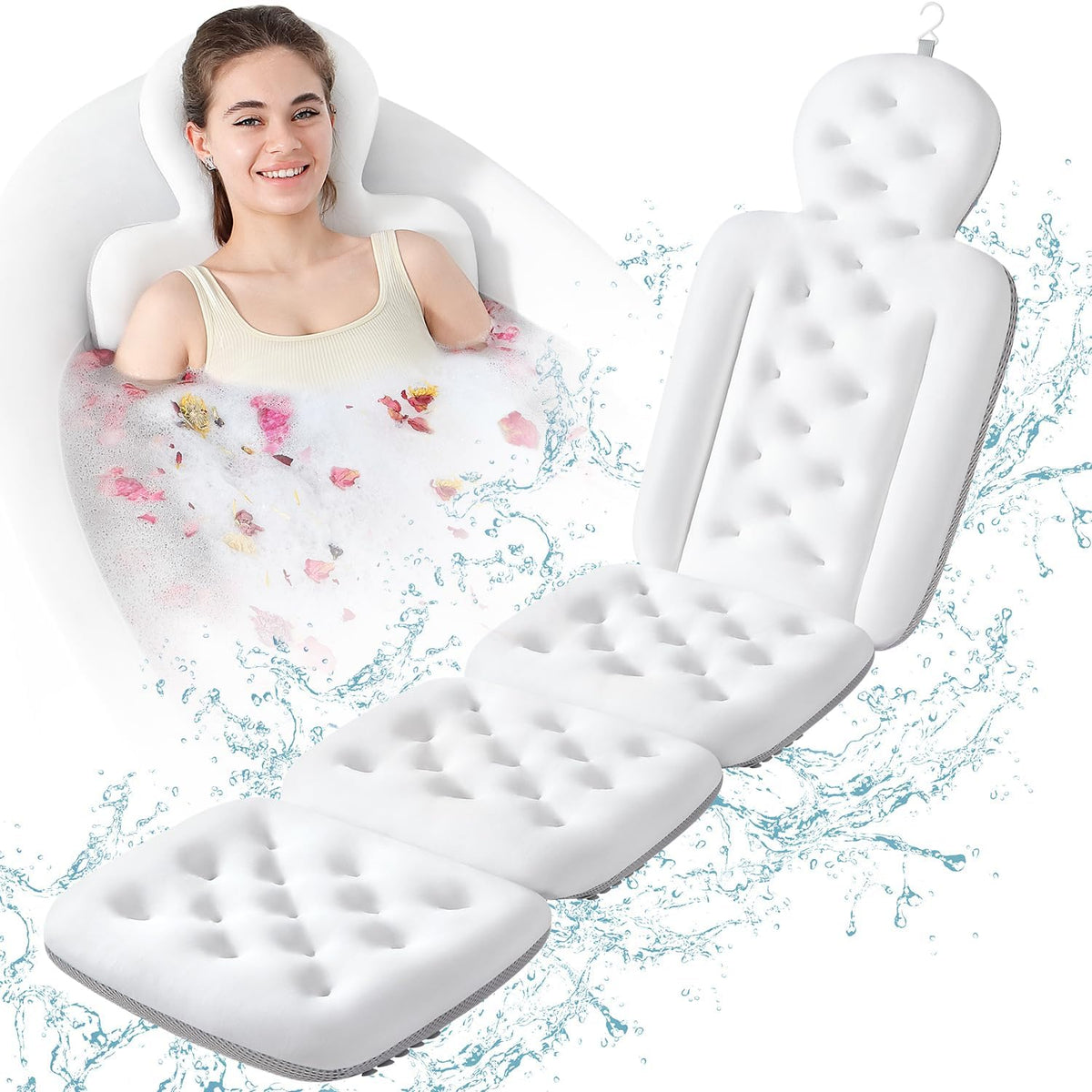 Luxury Bath Cushion, Full Body Bathtub Pillow with 160 Suction Cups, Bath Mat for Head and Neck Support, with Laundry Bag (Blue, 51" x 16")