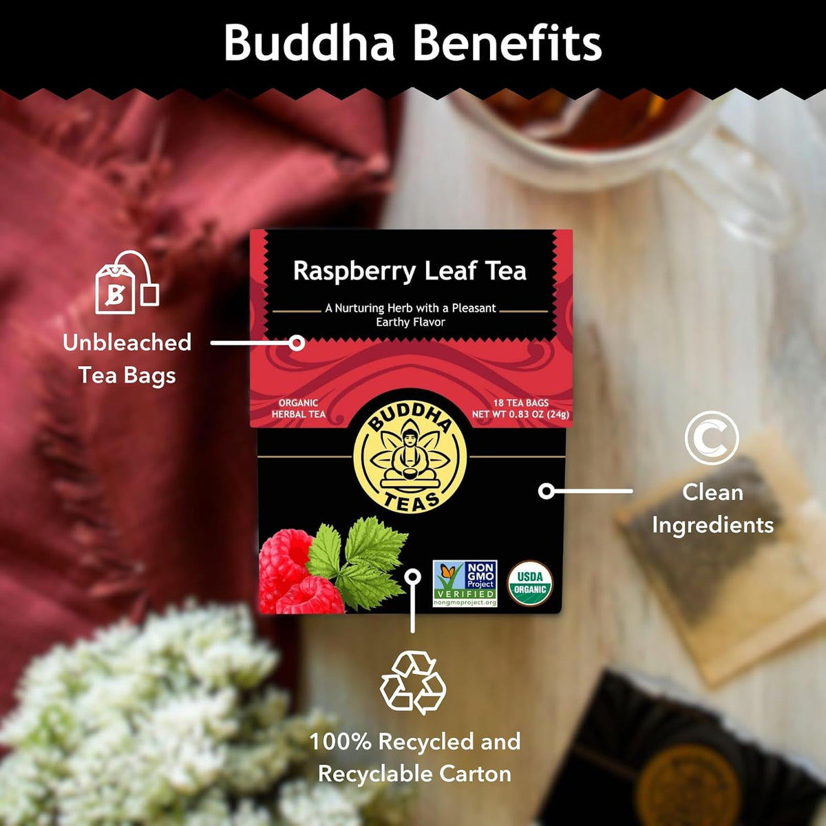 Buddha Teas Organic Raspberry Leaf Tea - Herbal Tea, Caffeine Free