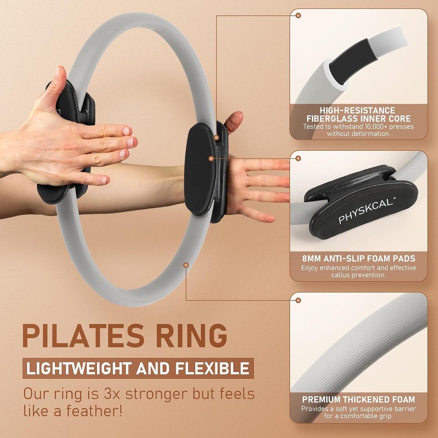 PhysKcal Pilates Ring, 15-Inch Magic Circle with Thick Padded Handle | Pilates Equipment for Toning Inner Thighs, Arms and Strengthening Cores with Workout Sheet Included