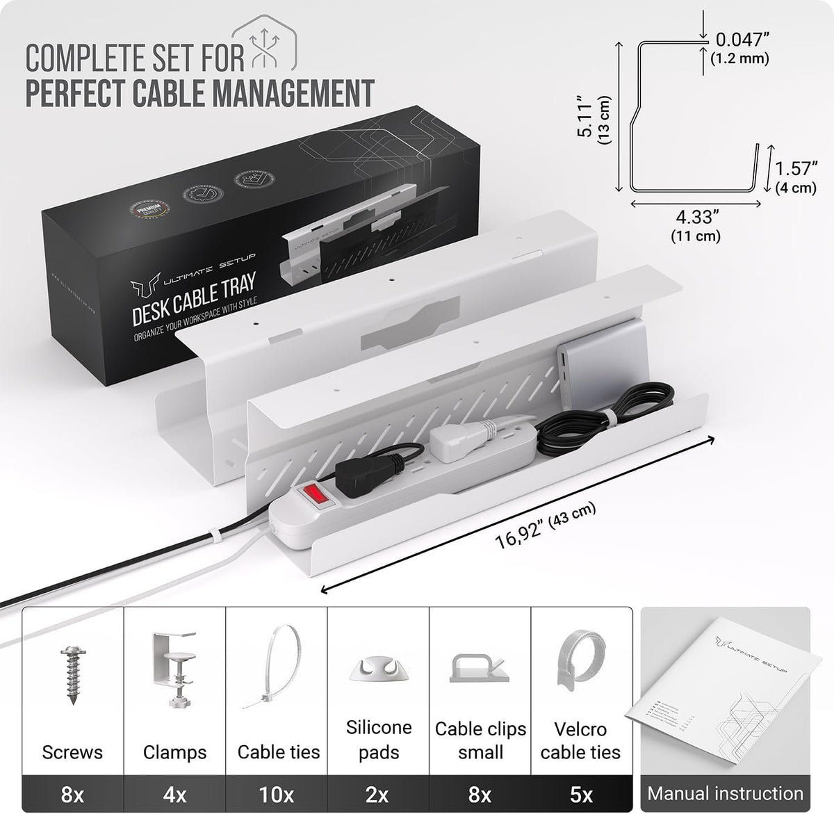 Under Desk Cable Management Tray no Drill – Wire Management - Cord Organizer – Huge Load Capacity – Under Desk Cable Tray no Drill (Black)