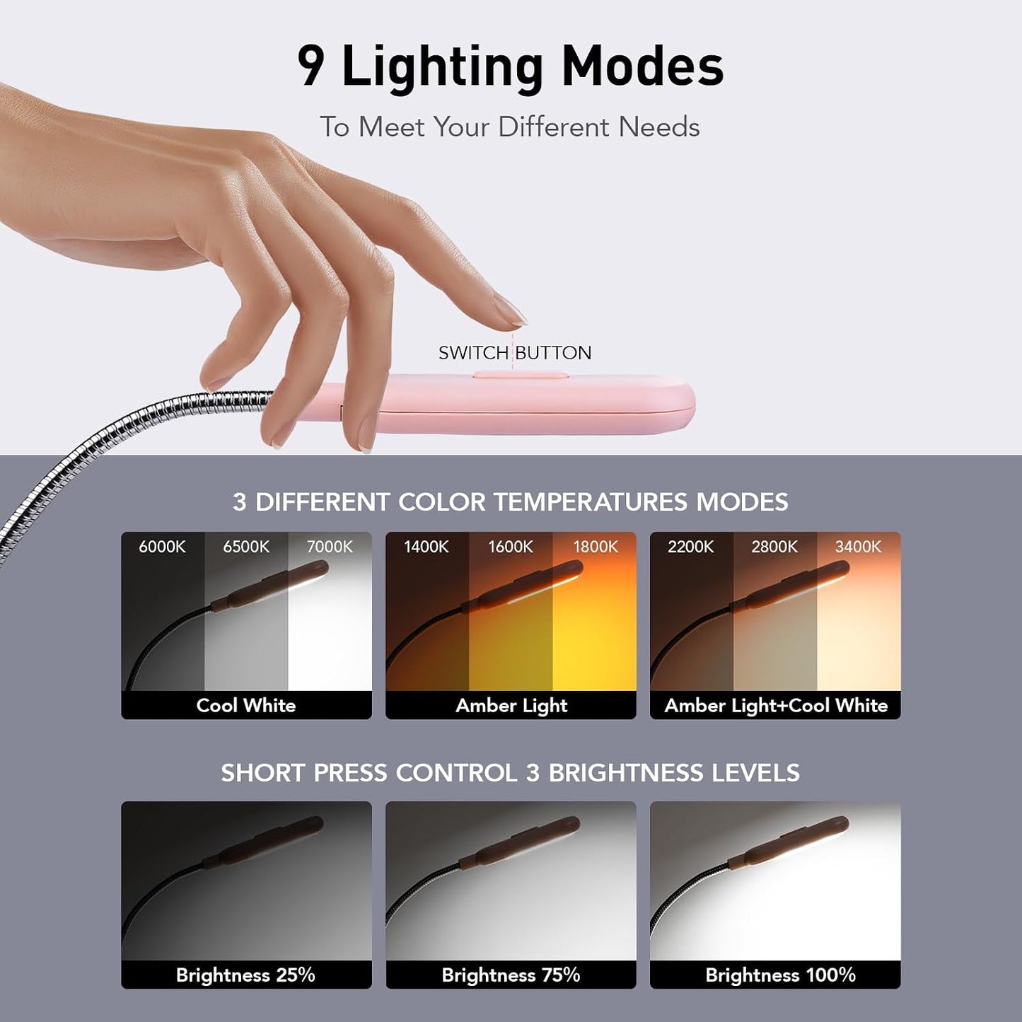 VAVOFO Amber Rechargeable Reading Light, Blue Light Blocking Book Light, 7 LEDs Eye Care 9 Colors 9 Brightness Clip On for Kids Bookworms Reading in Bed with Power Indicator Lasting 70h (Black)