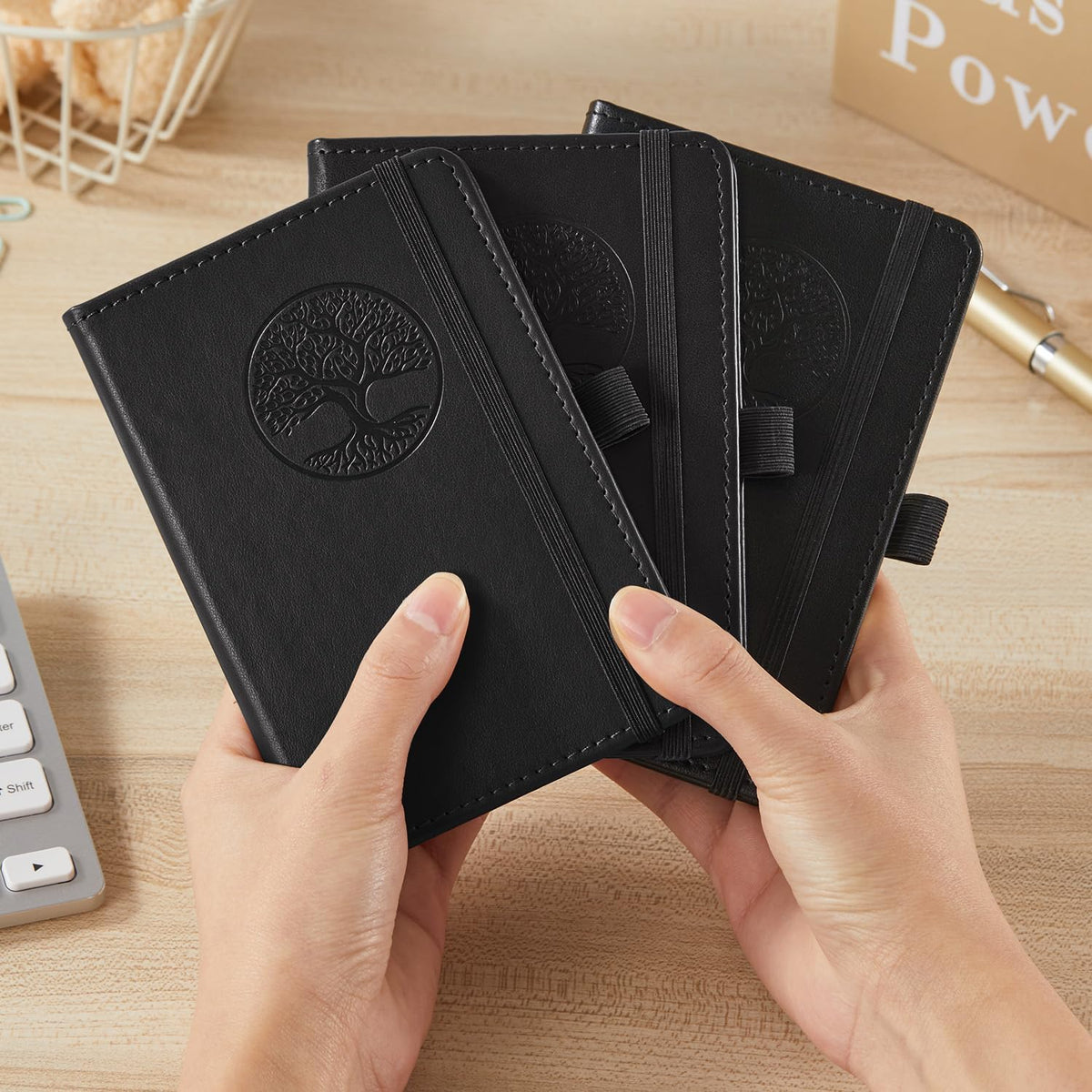 Small Notebook Pocket Journal, A6 3.7" x 5.7", 3 Pack, Black Leather Cover
