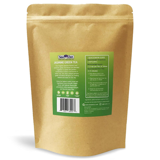 Sou Zen Jasmine Green Tea Loose Leaf Blend, 4oz | Green Tea Leaves with Jasmine Flowers | Fragrant Loose Leaf Jasmine Tea | Resealable Pouch | No Added Sugar, Non-GMO, Gluten Free
