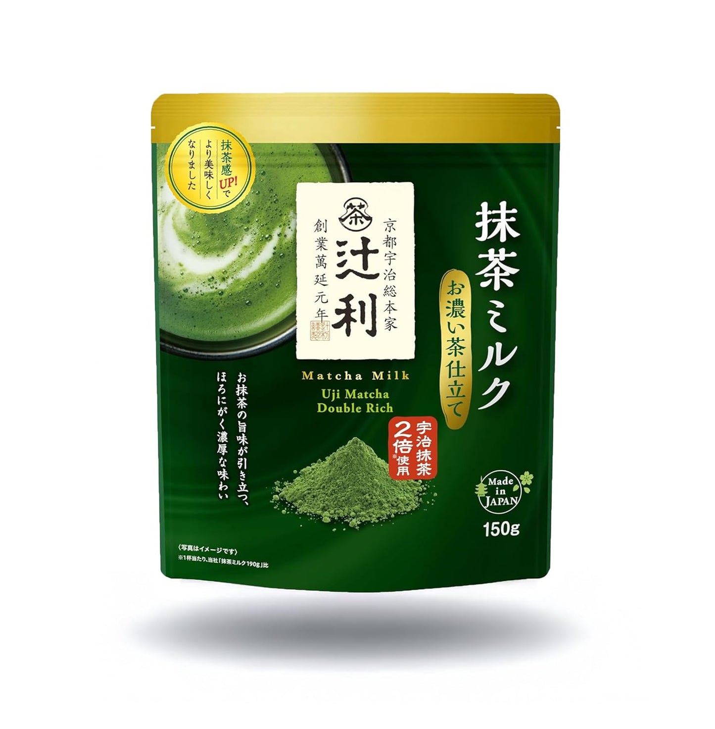 Matcha Milk Uji Double Rich Latte by Tsujiri, 150g Resealable Bag Made in Kyoto Japan