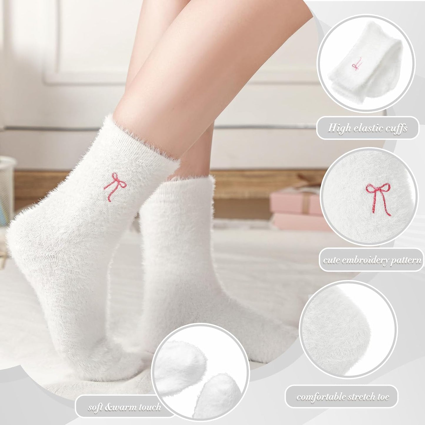 Geyoga 5 Pairs Fuzzy Socks for Women Cozy Spa Slipper Socks Coquette Preppy Stuff Soft Fluffy Home Sleeping Birthday Gift