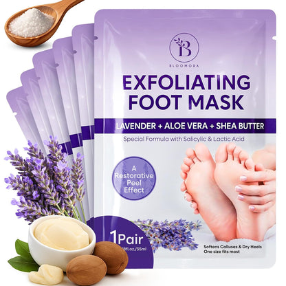 BLOOMORA Foot Peeling Mask (6 pairs) Exfoliating Foot Mask for Dry Cracked Feet with Lavender & Shea Butter, Dead Skin & Callus Remover for Feet, Exfoliating Socks for Women & Men, One Size Fits Most