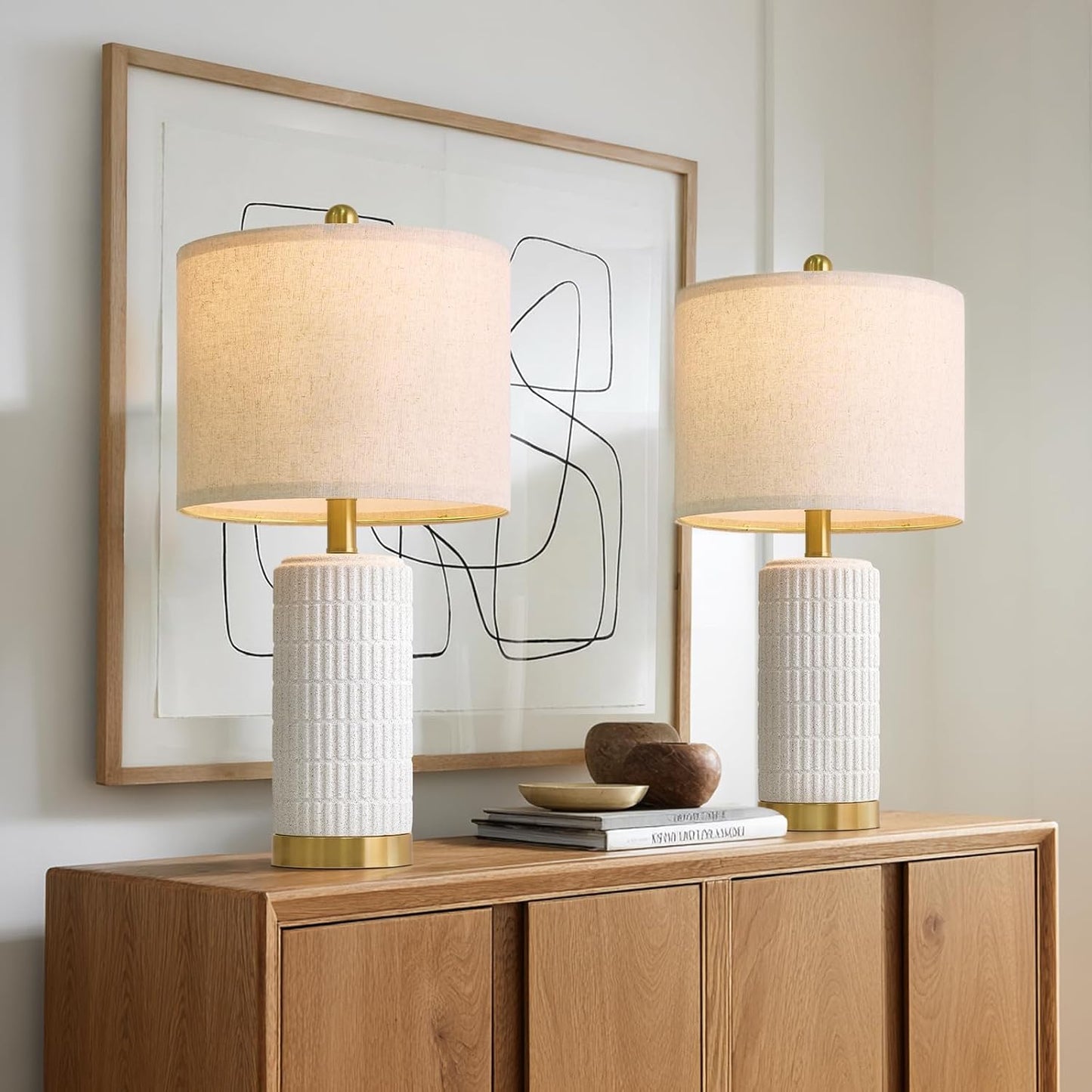 PoKat 20.75" Small Modern Ceramic Table Lamps Set of 2 for Bedroom, White Bedside Lamps for Night Stands, Farmhouse Desk Home Decor Gift Nightstand Table Lamps for Living Room End Table Beige
