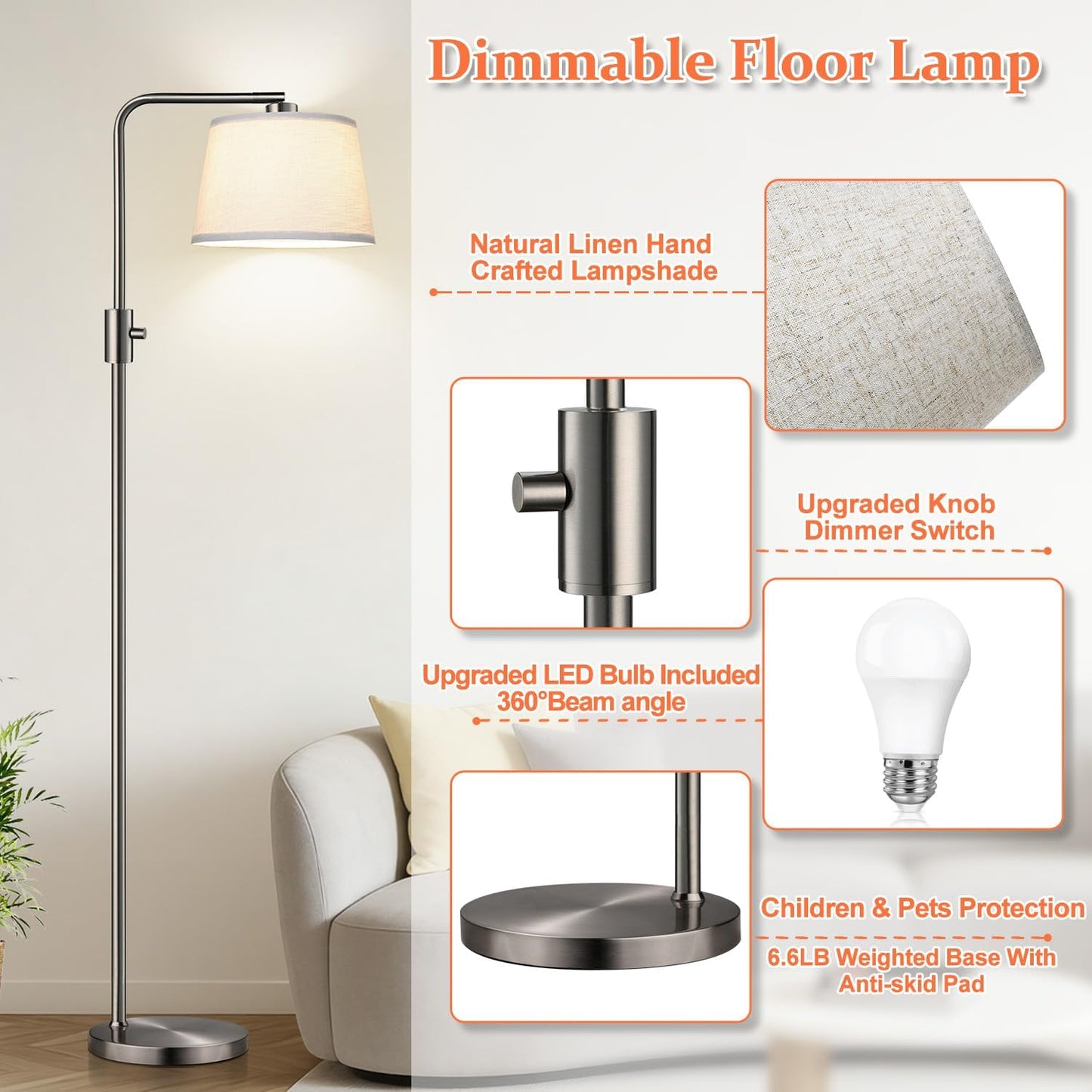 【Upgraded】 Dimmable Floor Lamp, 1000 Lumens LED Edison Bulb Included, Arc Floor Lamps for Living Room Modern Standing Lamp with Linen Shade, Tall Lamp for Bedroom Office Dining Room- Black