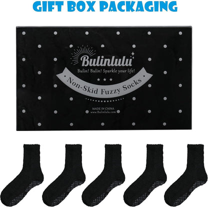 Bulinlulu Fuzzy Socks With Grips for Women, 5 Pairs Non Slip Sleep Warm Fluffy Slipper Socks Gifts for Women