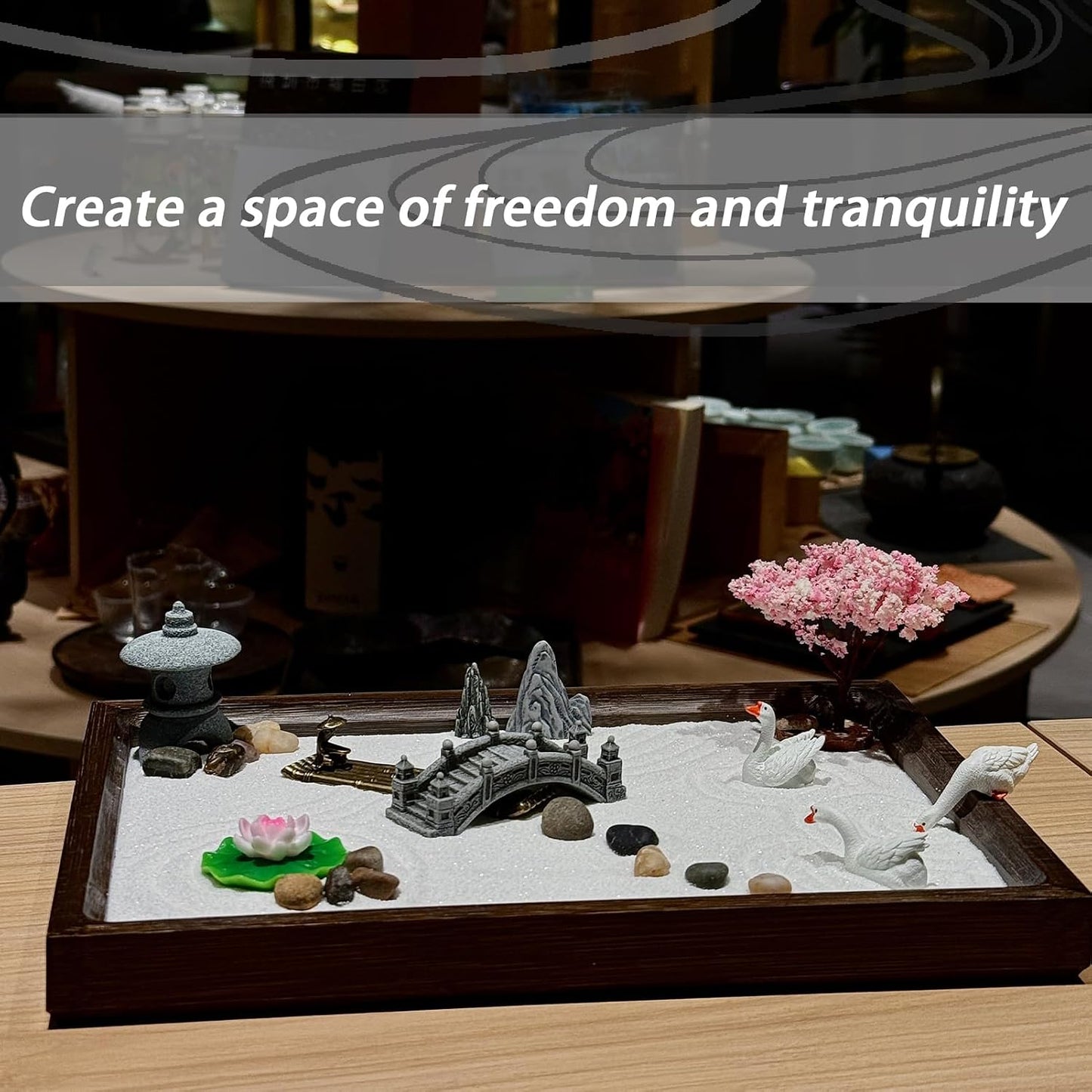 SRAYW Zen Garden Kit for Desk Decor. 11x7.5'' Beautiful Japanese Mini Zen Garden Meditation Gifts Set for Home,Office Desk＆Meditation Room.6 Tools ＆ 18 Accessories. Zen Sand Tray Therapy