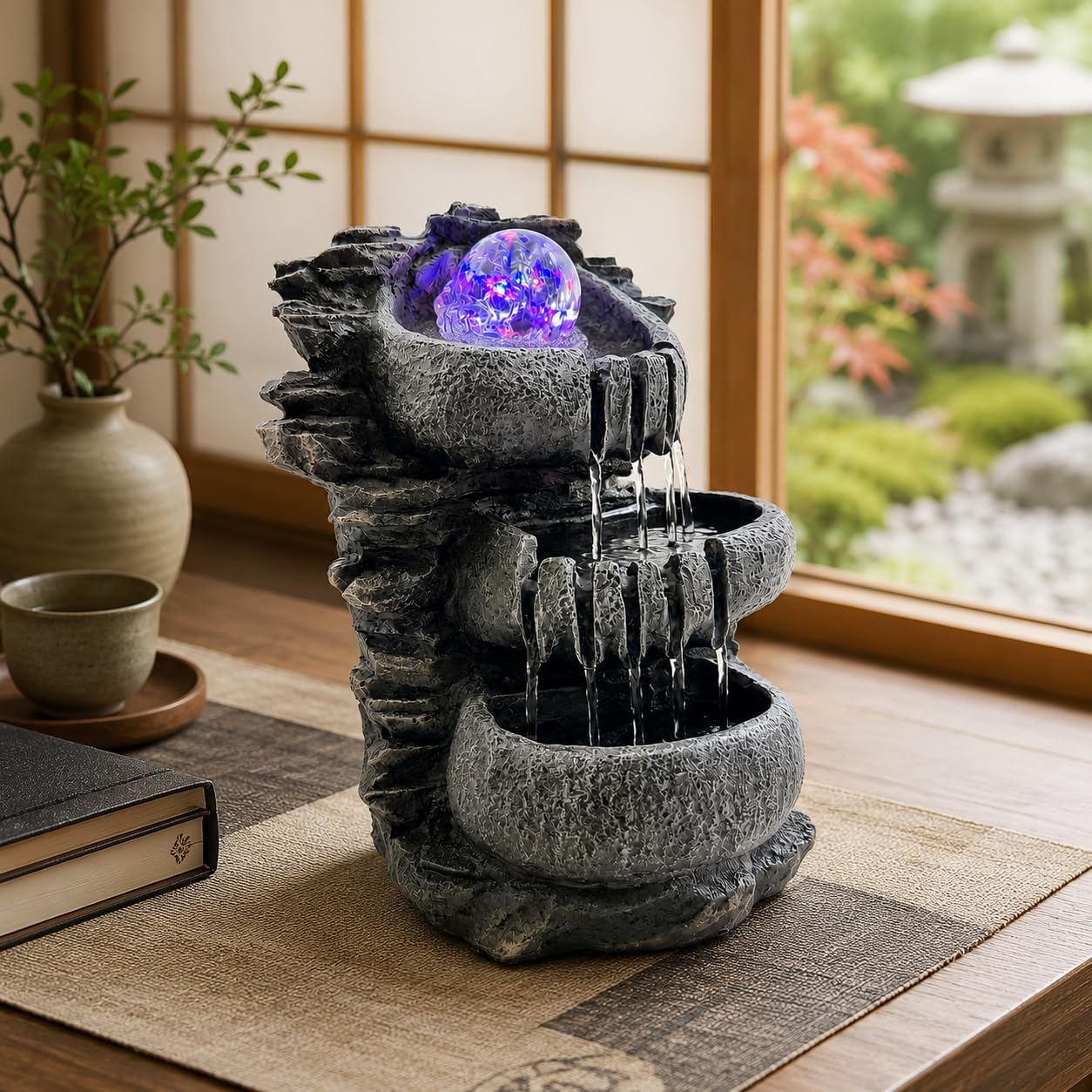 Indoor Tabletop Water Fountain with LED Light, Resin Rock-Look Waterfall Decor, Feng Shui Inspired Zen Fountain for Desk, Office, Bedroom, Living Room & Meditation Space (9" Cascading Rock)