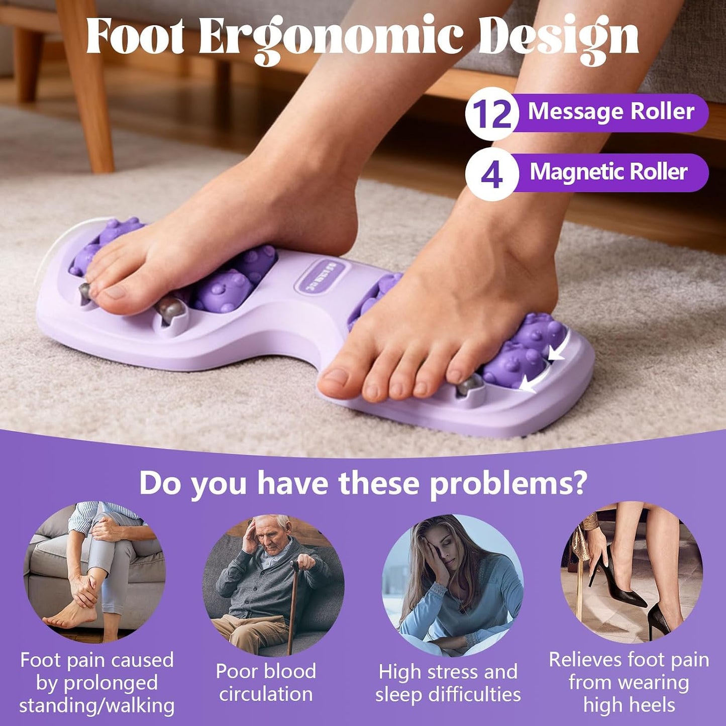 Portable Double Foot Massage Roller for Plantar Fasciitis Relief, Dual Acupressure Therapy for Pain & Stress Relief, Reflexology Tool for Improved Circulation at Home or Office (Purple)