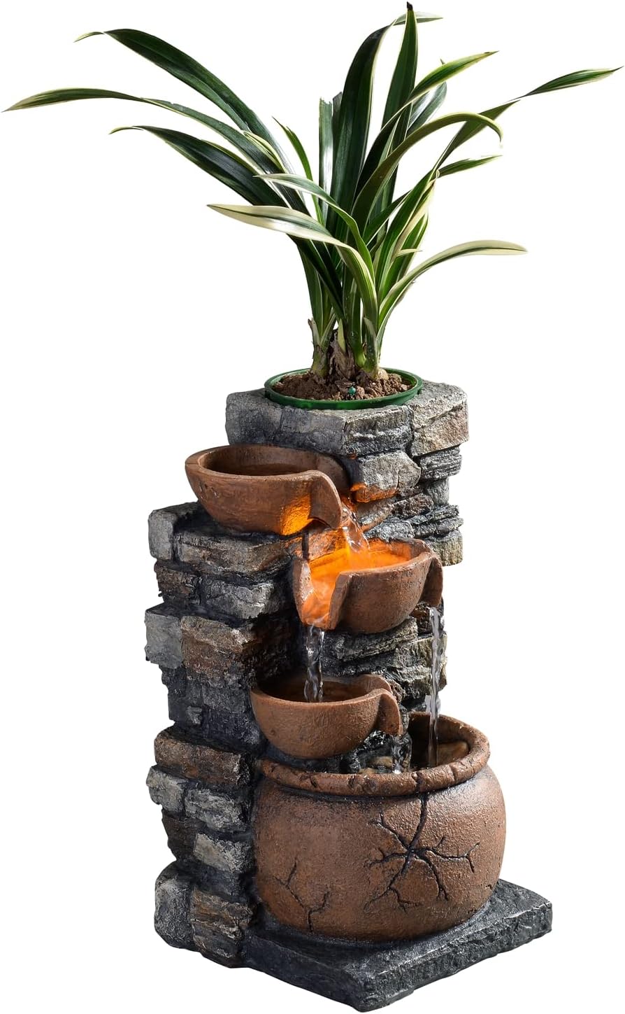 Indoor Fountain 4-Bowl Rockery Soothing Sound Tabletop Fountains Home/Office Decor with a Small Plastic Pot to Grow The Plant by Yourself(Automatic Watering)(23001)